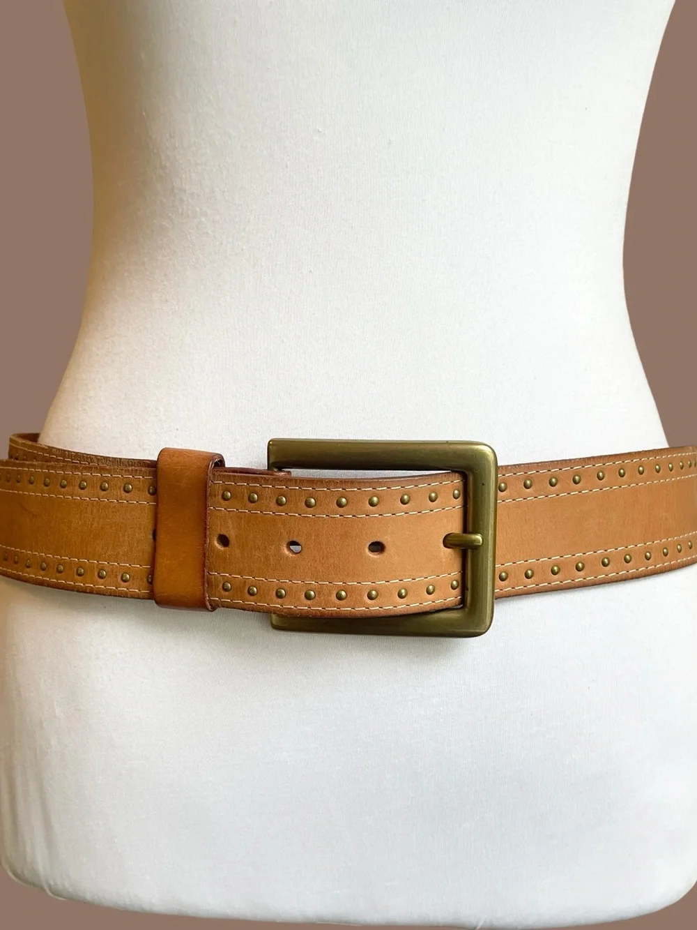 Wide Brown Leather Belt with Square Brass Buckle 90s Size S/M